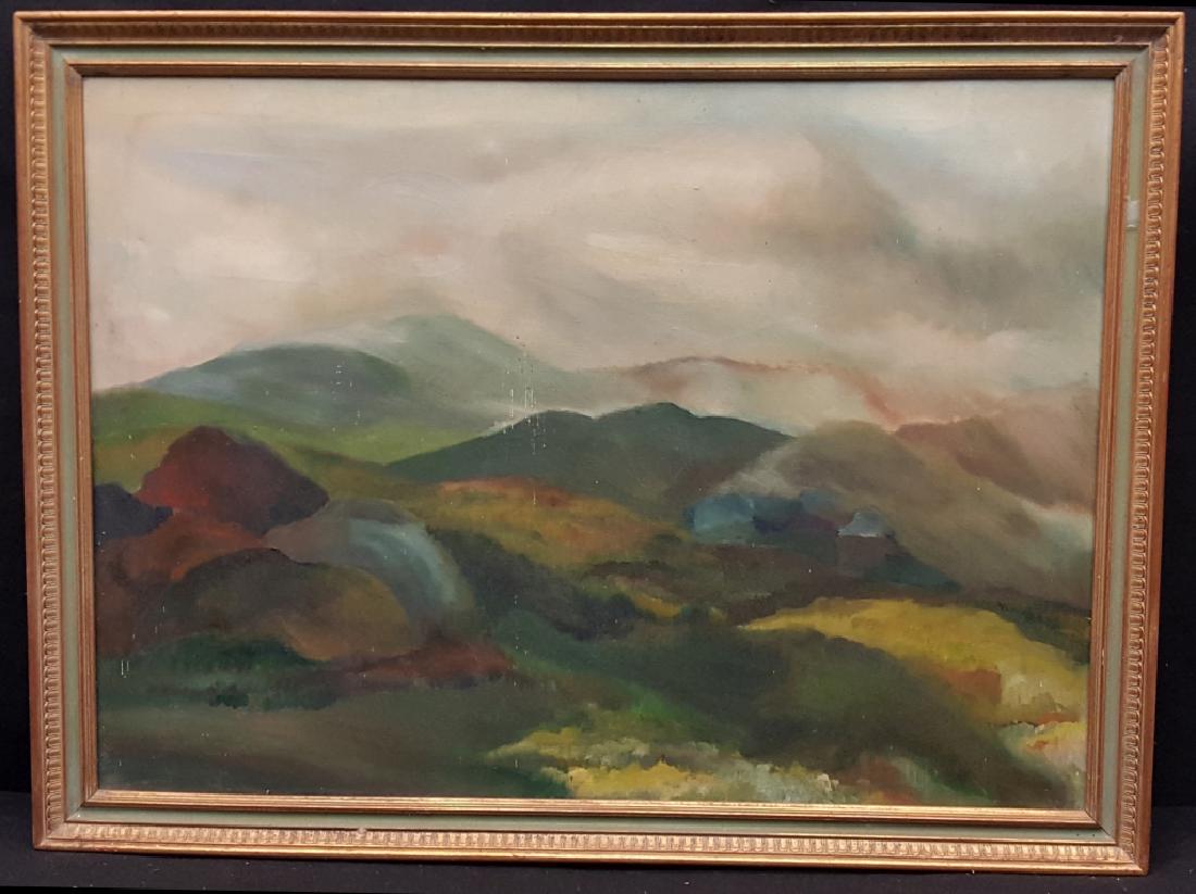 Debra "Untitled Landscape": Oil on Canvas Has skull and cross bones on the back with 10 cent symbols at each of the 4 corners. Next to that is a circle in side of a circle mark. Signed on back Debra 39.5" x 29.5"