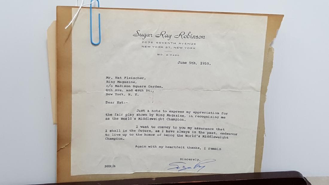 Sugar Ray Robinson TLS 1959 (Boxer): A typewritten letter, signed, from famed boxer Sugar Ray Robinson. The letter dated June 5th, 1955. A warm personal note to Nat Fleischer (Editor of Ring Magazine) thanking Fleischer for recognizing L
