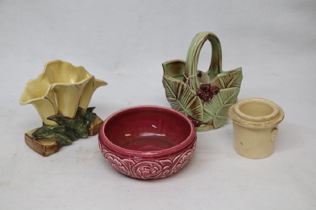 Pottery Lot; McCoy Grape Basket & Lily Vase, also: Simplex France terrine Brevetee, and pink pottery bowl 8" X 3".