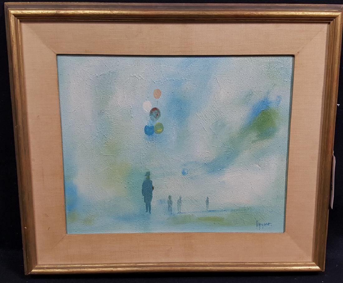 Italian Abstract "Balloon Man" signed Vigigano: Quality abstract oil on canvas signed Vigigano on the lower right. Scene depicting a balloon man and three happy costumers! With a small rip in canvas