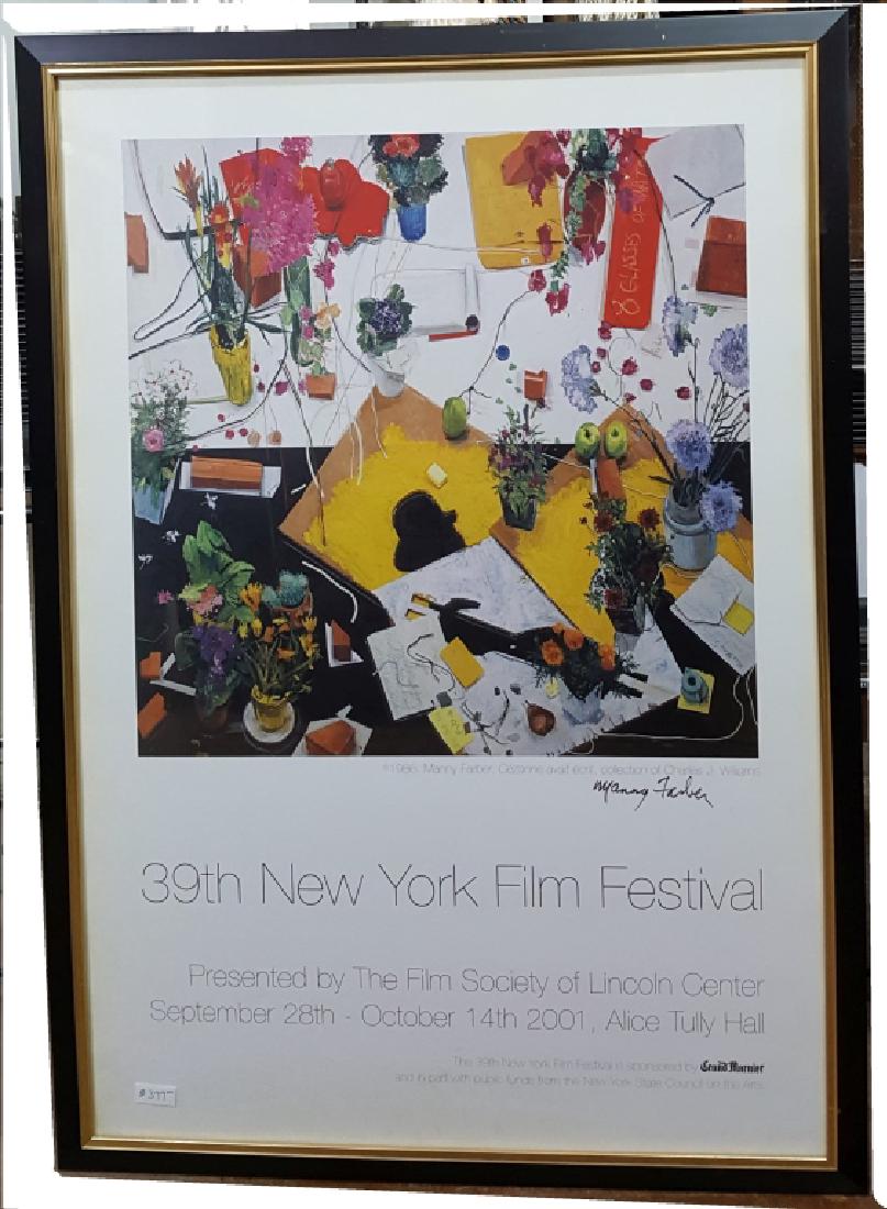 39th Annual NY Film Festival; Signed Manny Farber: Framed 30th Annual New York Film Festival exhibition poster. The poster is autographed by the Manny Farber, the artist whos image is featured on the poster. Sight 26.5" X 38.5"