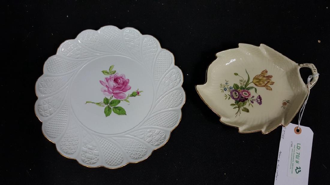 Meissen & Royal Copenhagen Floral Porcelain: A single Meissen Pink Rose plate 11.25". Along with a single Royal Copenhagen Leaf dish, 960 / 1866