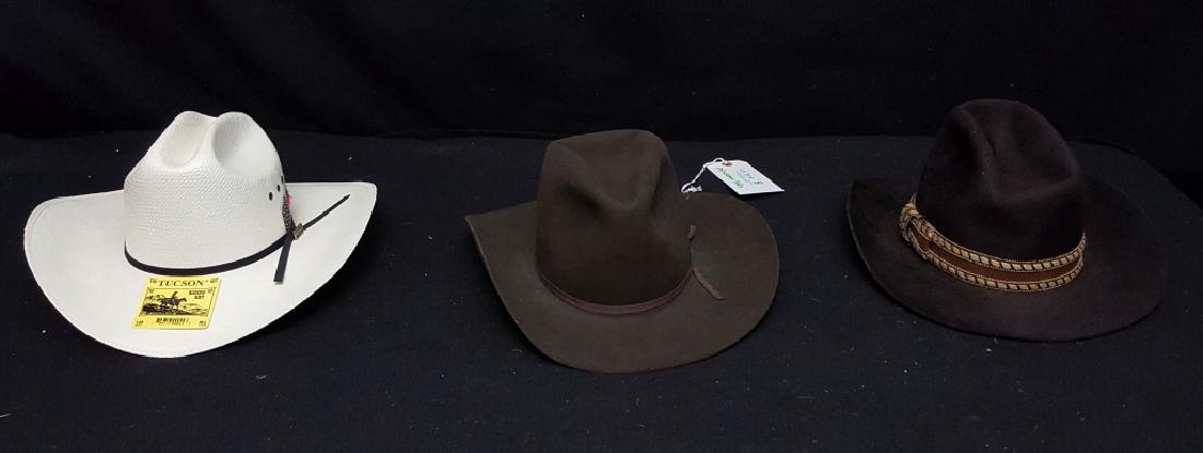 (3) Western Cowboy / Riding Hats: A dynafelt Jubilee 7 1/8 Brown with rope/ leather accent, a Tuscon riding hat with feather an black band and Brazilian made brown hat 7 1/8.