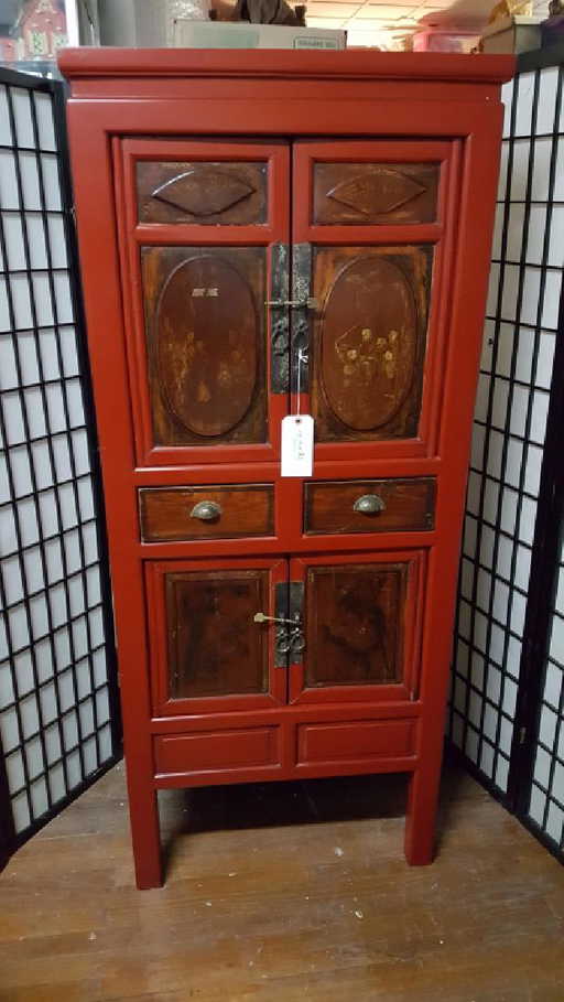 Hand Painted & Carved Red Chinese Wedding Cabinet - Hand Painted & Carved Red Chinese Wedding Cabinet