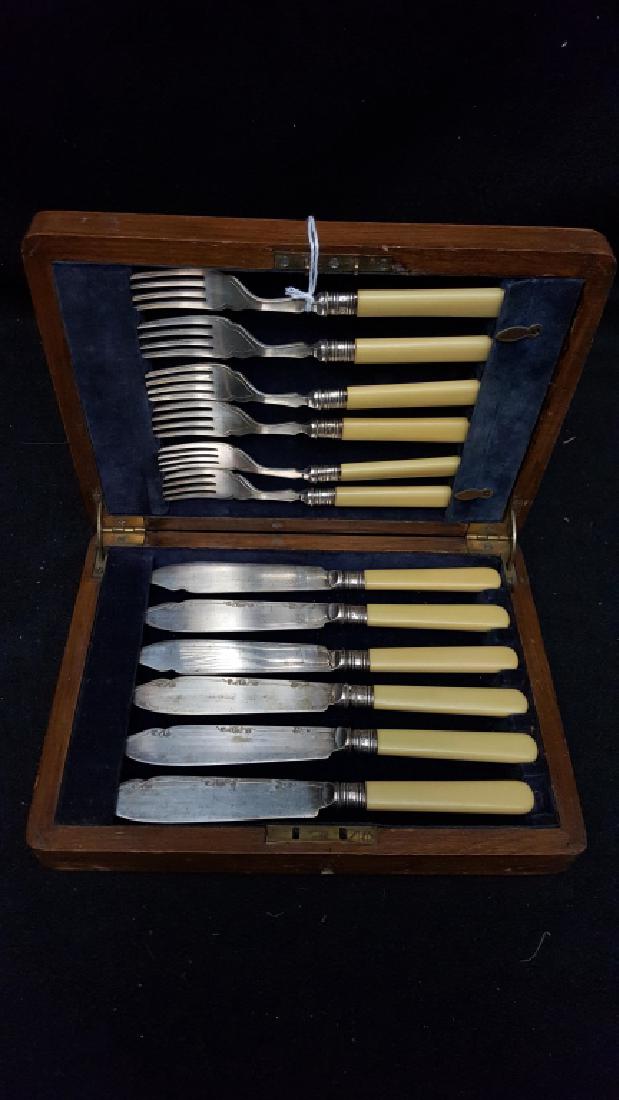 Wards' EP Silver Bakelite Handle Fork & Knife Set: Service for 6 with oak storage box.