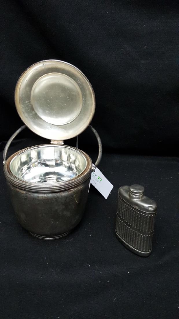 Silver on Copper Ice Bucket & Flask: A vintage silver on copper ice bucket with hinged / attached top. Along with a glass flask inside a silver on copper case.
