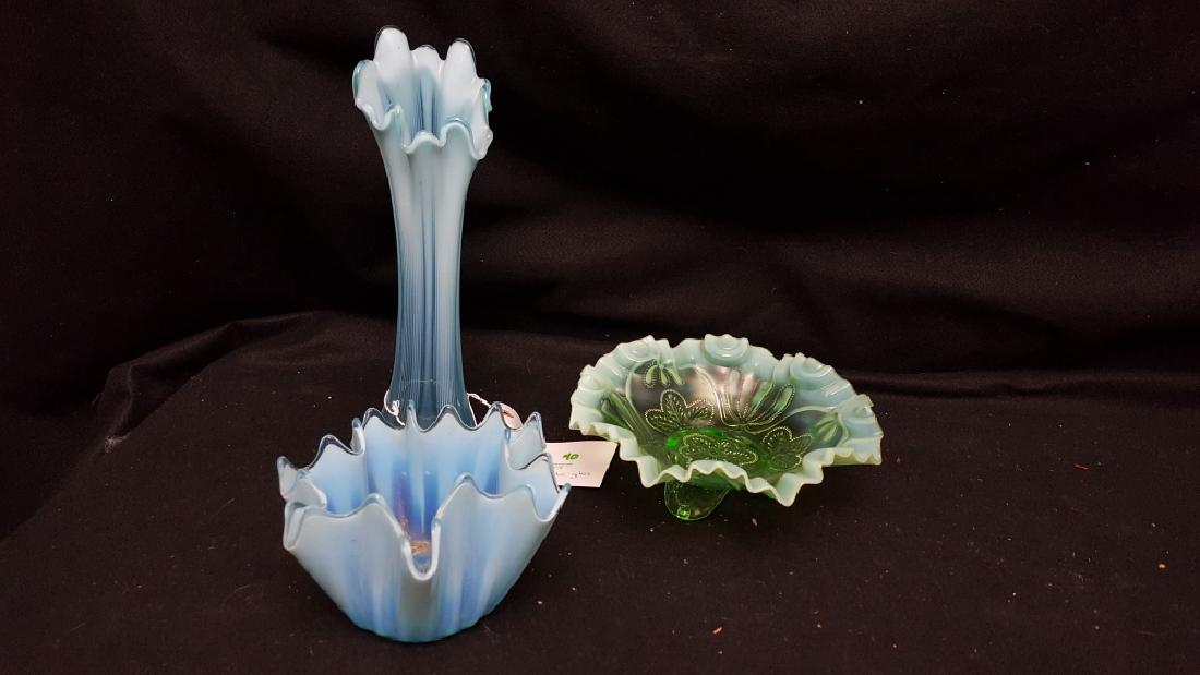 Iridescent Blue Handkerchief ? Glass: The tall vase is 12 3/4", the handkerchief small vase / bowl is 7" X 4 1/4" and the blue / green ruffle glass is now is 9 1/4" X 3 1/2"
