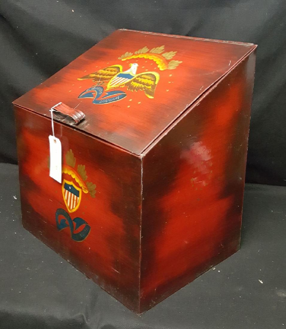 Americana Hand Painted Patriotic Metal Fire Box: A beautiful hand painted fire / coal box, decorated with an Eagle on top. Along with a red, white and blue shield, the entire box in the same theme. Handle and hinged door on top 16.25" X 26" X 22"