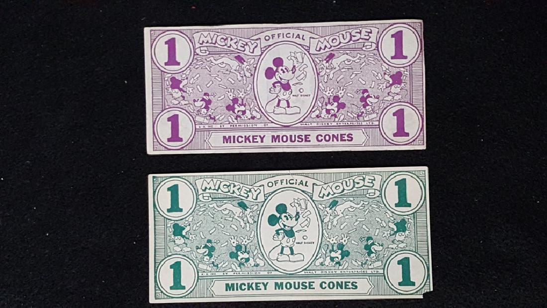 Official Mickey Mouse Cones: Both a green and purple Mickey Mouse Cone authentic bills. They have small rips and some loss.