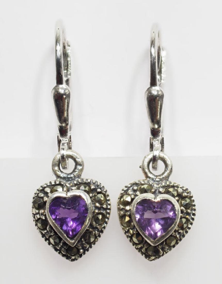 S.S. Amethyst Marcasite Heart Shaped Earrings: Sterling Silver Amethyst Marcasite Heart Shaped Lever Back Earring. Retail $120