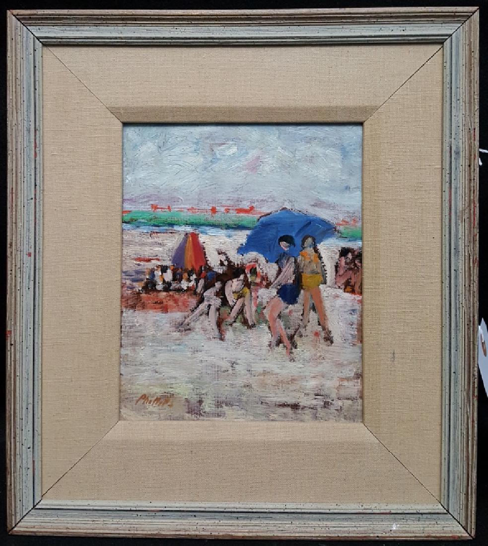 Matt Phillips "Crowded Beach" Oil on Board: Oil on board signed Phillips in the lower left. Framed 11 1/4" X 12 1/2"sight 7 1/4" X 6"