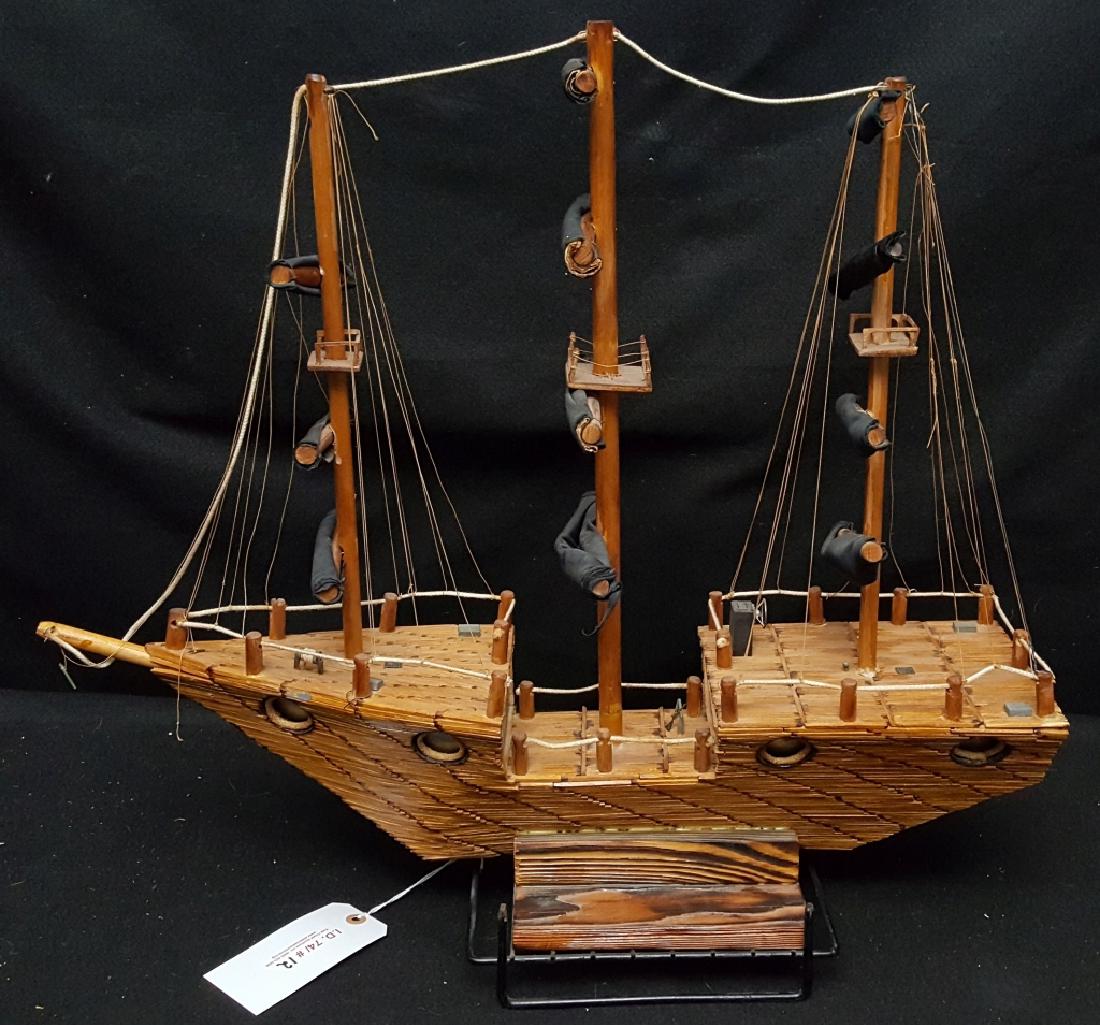 Large American Folk Art Match Stick Ship: The body of the ship is made up of hundreds of wooden match sticks. 27" X 25" X 7"