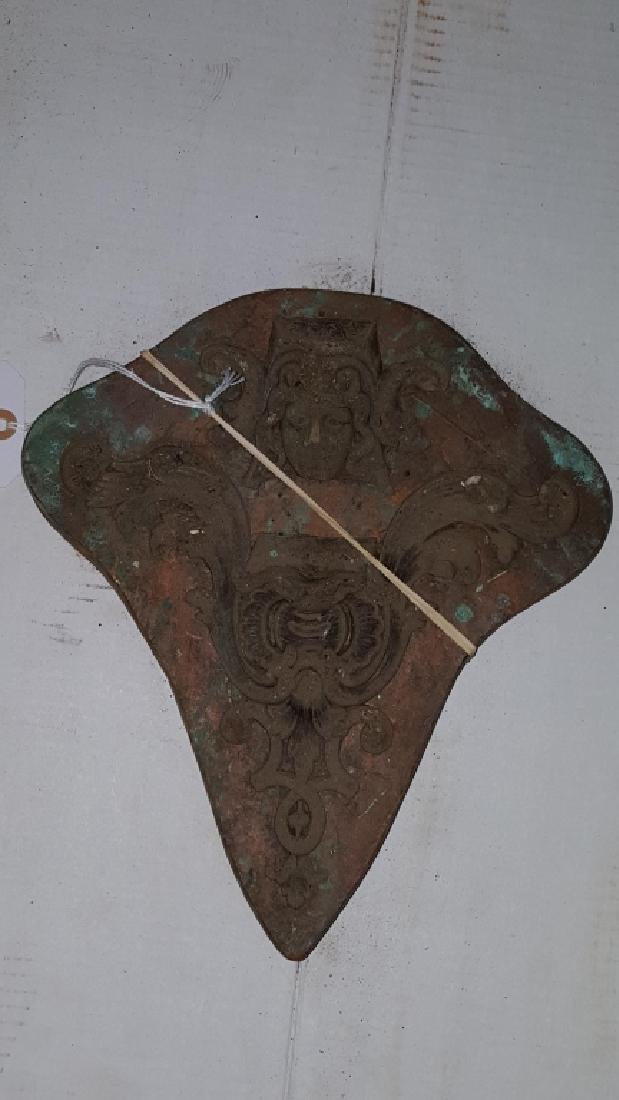 Early 19thC Copper and Lead Architectural Mold: Very heavy, we are recommending pick-up or private delivery service.11 1/2" X 101/4" X 1 1/2" A scrolling image on the bottom with a face on top.