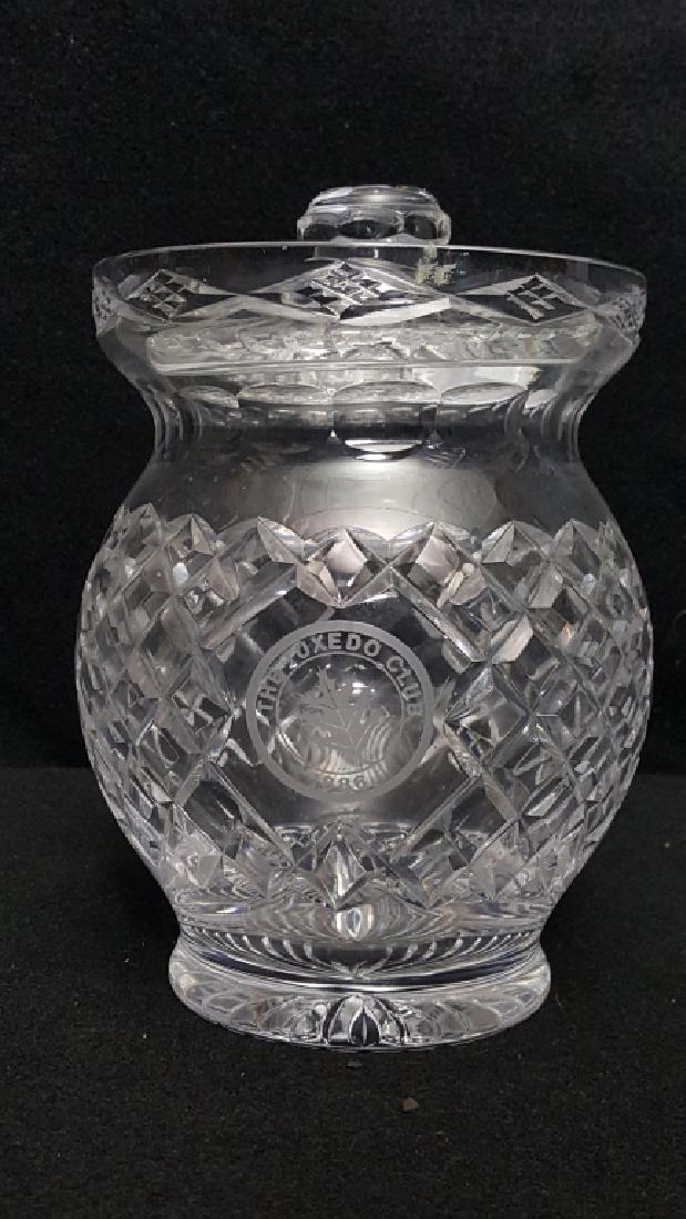 Tipperary Crystal Biscuit Jar, Tuxedo Club: Cut Crystal biscuit jar, 8" tall, with logo engraved from "The Tuxedo Club / 1886" (New York). Signed "Tipperary"
