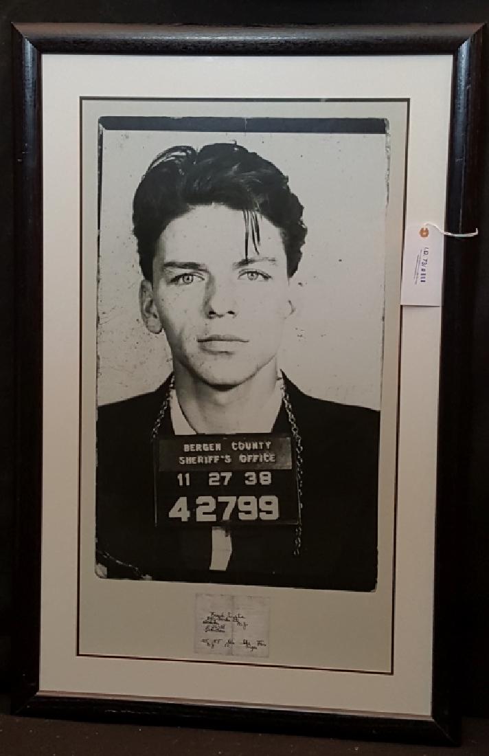 Frank Sinatra's Bergen County Sheriff's Mug Shot: Large Framed print of Frank Sinatra who was arrested by the Bergen County, New Jersey sheriff in 1938. Charged with carrying on with a married woman, in this enlarged version it claims the crime to be