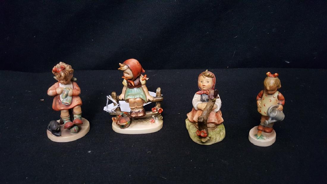 M.J. Hummel Girl Figurines: Mothers Helper 4 3/4", "Just Resting" 5", "A Little Birdie Told Me" and little girl watering tulip 4 3/8"