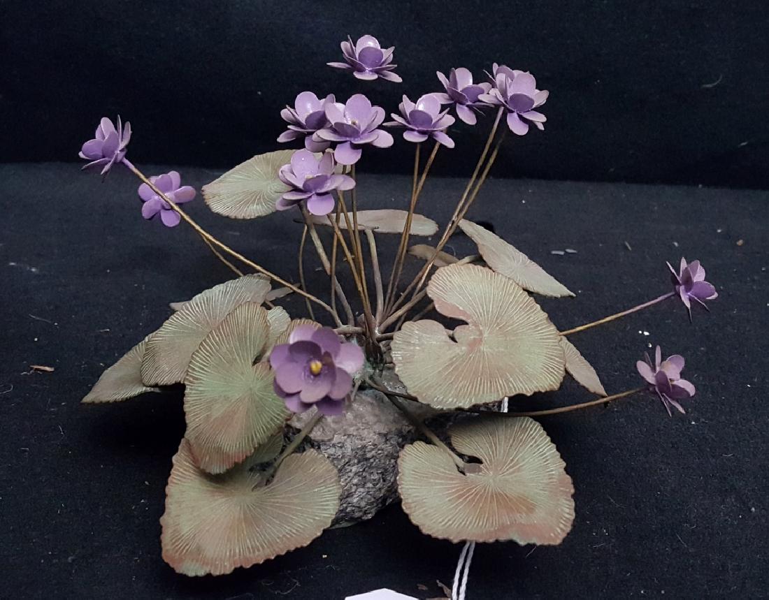 Vintage Painted Copper Lavender Flower: A vintage hand painted copper lavender flower, mounted on a rock. 9" X 7" X 6"