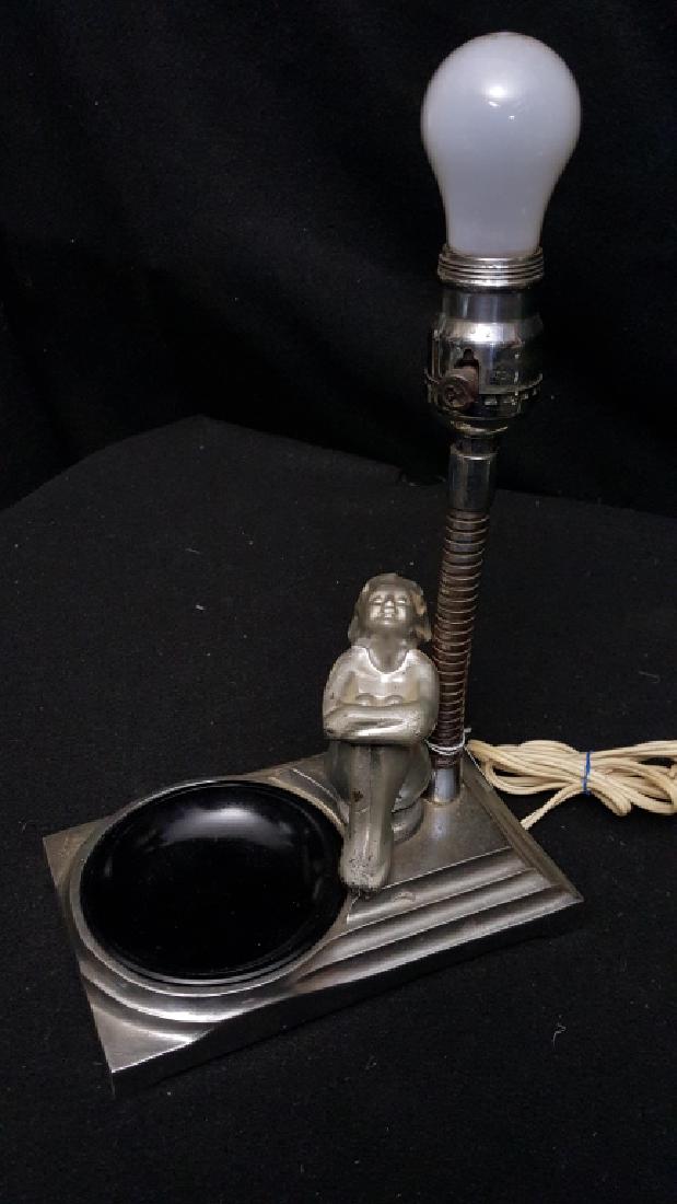 Silver Art Deco Frankart Nude; Lamp & Trinket Bowl: Vintage metal Frankart nude sculpture / lamp, with a trinket bowl. 10 1/4" X 7 1/2" X 4 5/8"