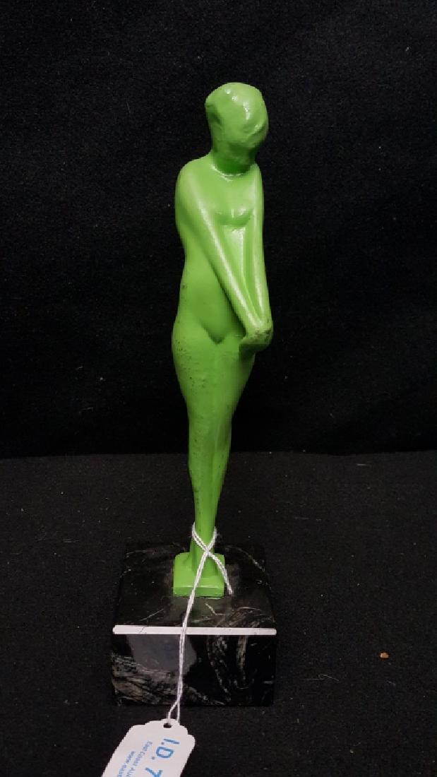 Art Deco Frank art Painted Nude Sculpture: Painted metal green sculpture. Unsigned Frankart nude , mounted on a marble base 10"