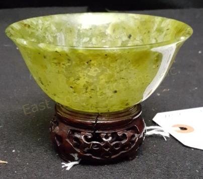 Small Green Jade Bowl with carved wooden stand (1 of 1)