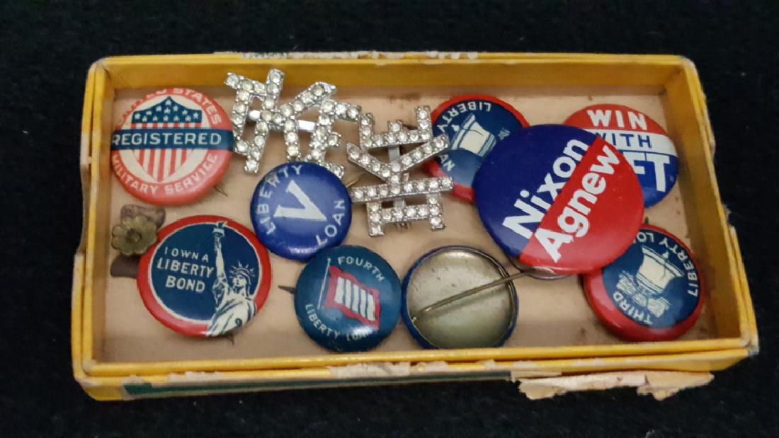 Collection of Political Pins: 2 rhinestone "Ike' pins, "Win with Taft", 2 "Third Liberty Loan", "I Like Ike Florida For Eisenhower", "Fourth Liberty Loan", "I own a Liberty Bond", "Liberty V Loan", a small enameled bow tie shaped