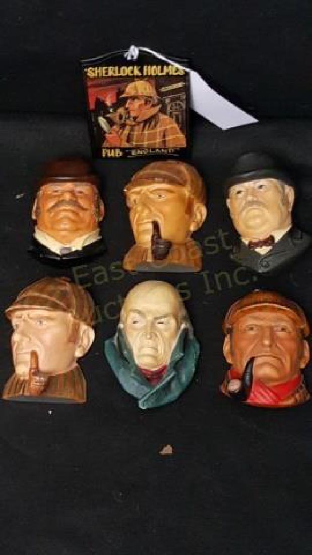 Collection of Sherlock Holmes Head Busts: Bossons, Legend Products, all Made in England. (2) Dr. Watson busts, (3) Sherlock Holmes busts and the villain Moriarty. Along with a Mini Pub Sign "Sherlock Holmes" Pub England.