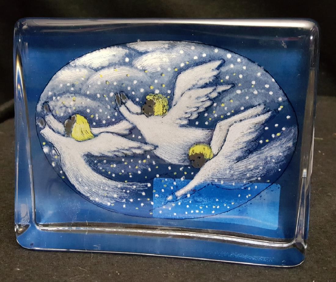 Iittala Finland Glass Helja Liukko Sundstrom: Bookend with angels. 5.75" wide x 4 5/8" tall. With "Iittala Glass" sticker on one side, signed "Helja Liukko-Sundstrom" on the other edge.