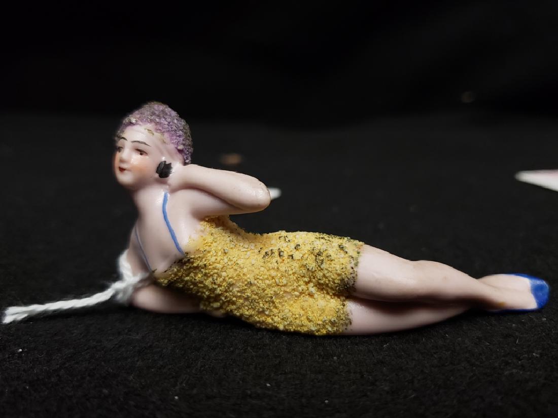 German Bathing Beauty, 3.25": Yellow suit, blue trim. One of 7 bathing beauties in this sale.