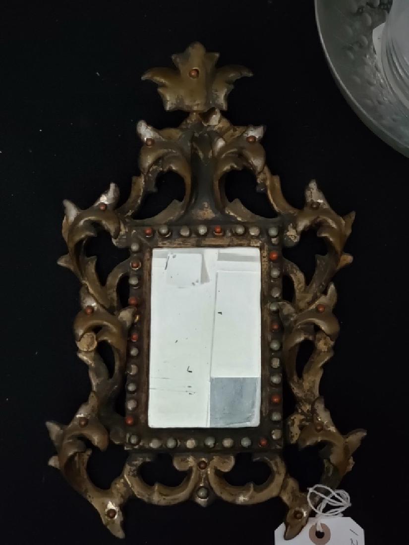 Antique Italian Wood & Gesso Jeweled Mirror: 12.5" tall x 8.5" wide. Top crest needs to be glued (old repaired break, needs to be glued again).