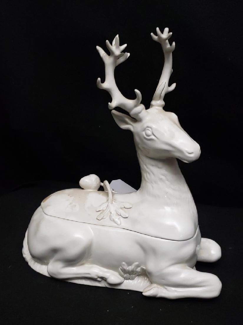 Vintage Este (Italian) Porcelain Deer: Covered box 11.5" tall. Some losses to antlers. Marked on base "Este/ Este Ceramiche / Porcellane Sp.A./ Made In Italy".