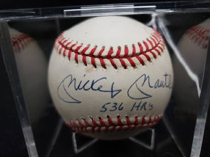 New York Yankees Mickey Mantle 536 HR Baseball: Official Rawlings "Bobby Brown" baseball autographed by the Mick! New Your Yankees Mickey Mantle has personally signed this ball along with his career number of home runs "536 HR's". Signed with a blu