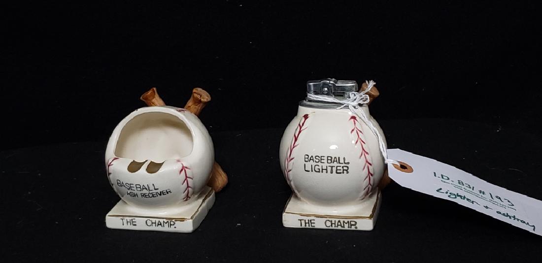 Vintage Baseball Lighter & Ashtray Relco Japan: Ashtray "Baseball Ash Receiver / The Champ", lighter "Baseball Lighter / The Champ". Ligher 3.75" tall. No chips or cracks.