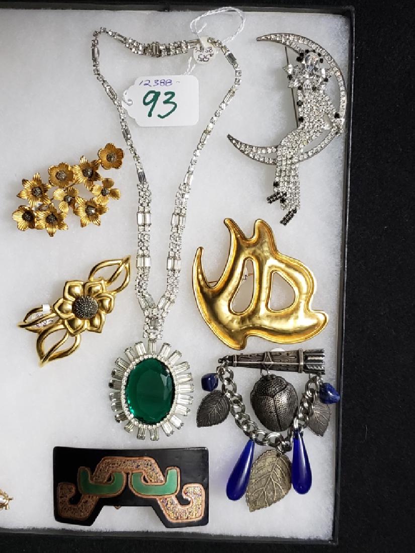 Vintage Jewelry Costume Lot 7 Pc: Robert Lee Morris gold tone pin, Butler & Wilson harlequin in crescent moon rhinestone pin, Margot De Taxco hair clip (?) enameled, Judith Jack gold tone & marcasite pin, Judith Jack gold tone pin wit