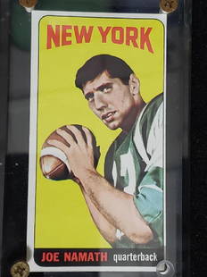 RARE Joe Namath T.C.G. Official Rookie Card: The great Broadway Joe Namath's official Topps rookie card, in excellent condition. It Has been protected in hard plastic case.