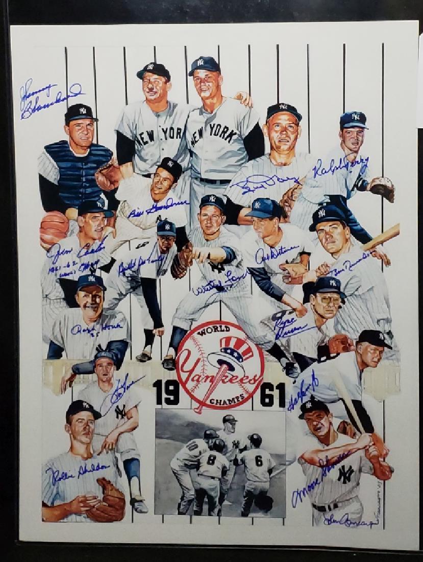 1961 NY Yankees Autographed Team Artist Print: The 1961 New York Yankees championship team caputed by artist John Giancaspro, print dated '03. With signatures including: Whitey Ford, Rollie Sheldon, Bill "Moose" Skowron, Hal Reniff, Ryne Duran, Bo