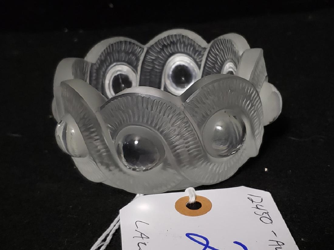 Lalique Glass Bottle Holder (?) or Pin Tray: Script signature "Lalique France". 4" diameter.