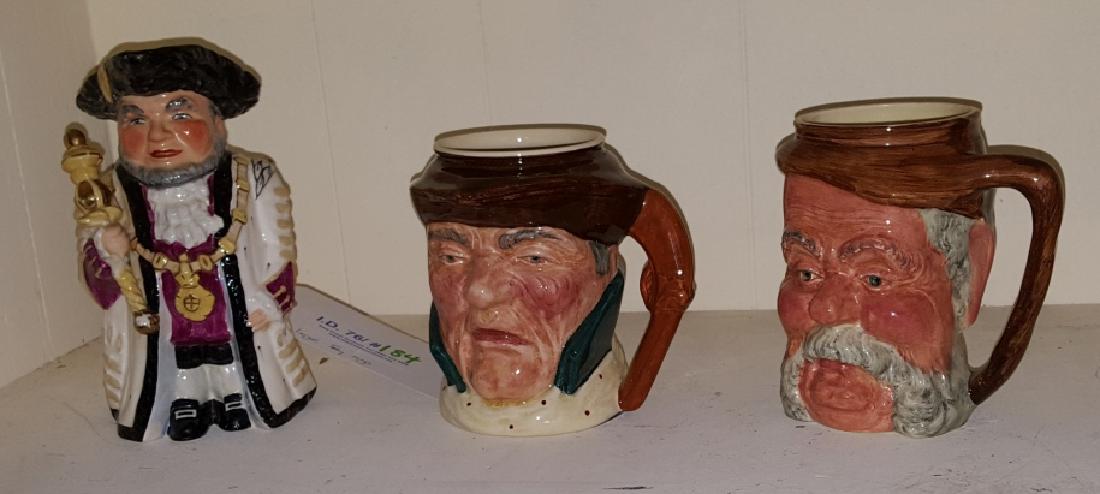 Large Toby Character Mugs: Lancaster & Sandland Ltd "Sir John Falstaff" 5 1/2" and "Highwayman" 5 1/4". Along with Wedgewood & Co Ltd Ye Olde Town Hall "Lord Mayor" 7 1/4".