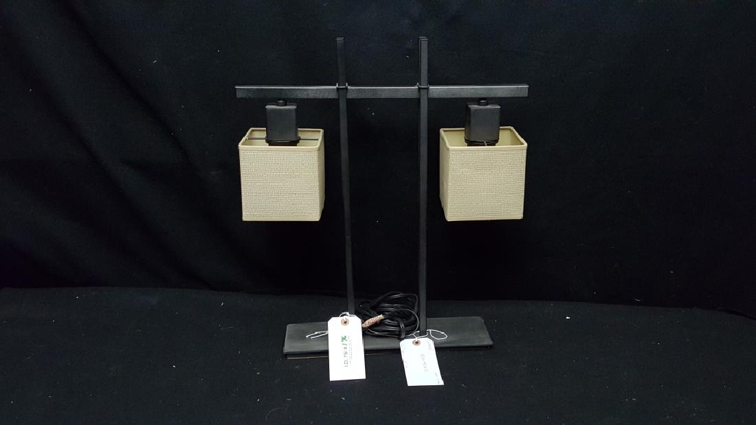 A Modern Kovacs 2 Light Table Lamp: The two light table lamp appx. 22" tall, 19" wide. With "Kovacs" label on base, and a 1999 manufacture lable.