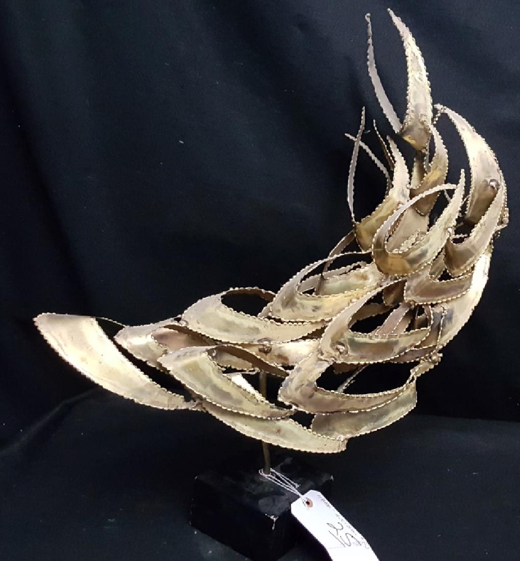 A Mid Century Modern Brutalist Unsigned Sculpture: Looks like a work by Curtis Jere or similar artist. On a wooden base. Total height appx. 27".