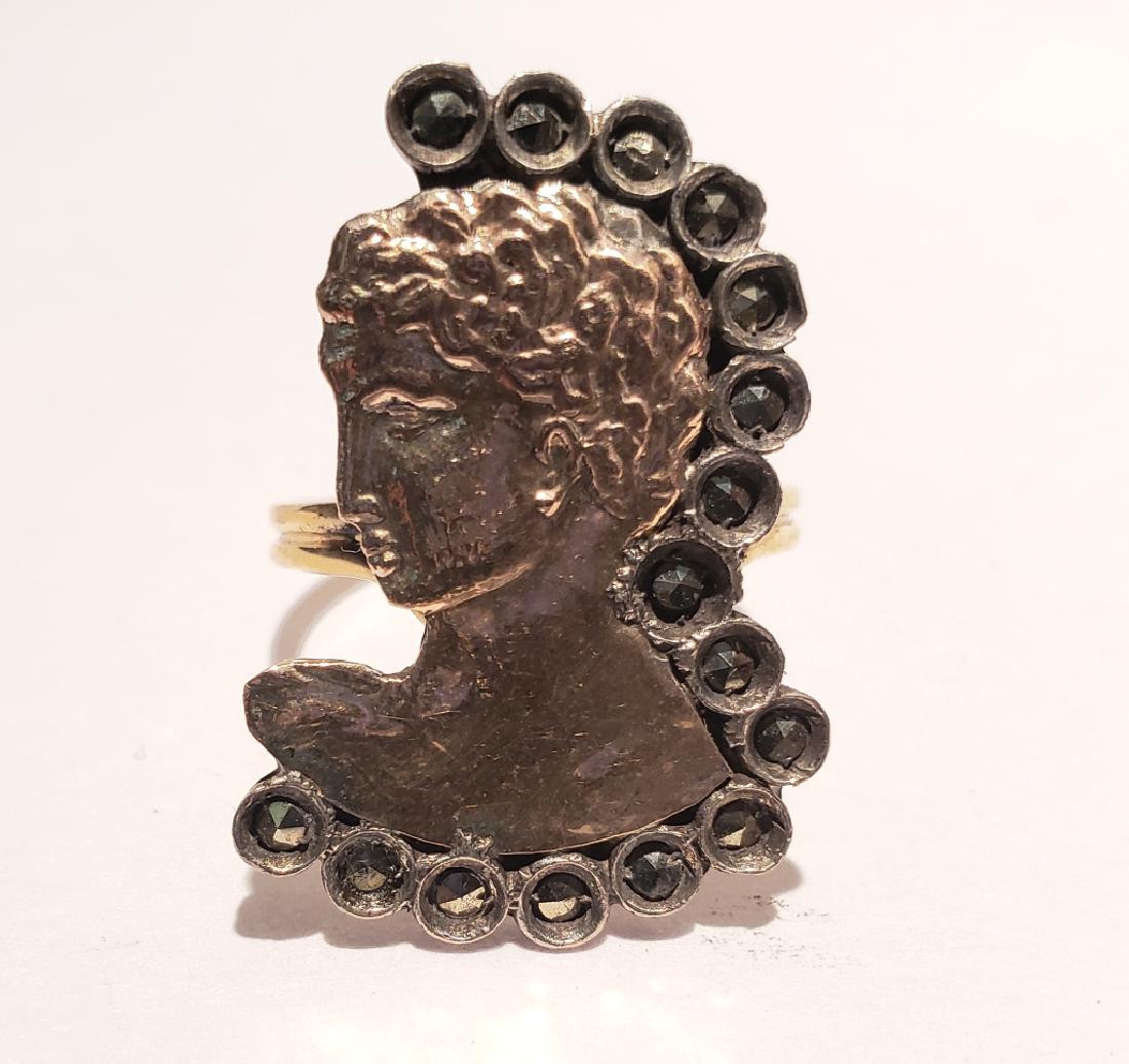 Sterling & 18K Gold Made In Greece Ring: Profile of a youth in 18K gold. With marcasite accents.