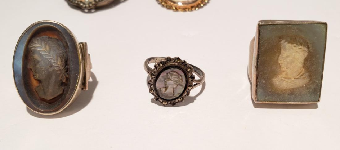 Sterling Silver Ring Group - 3 Pieces: Sterling ring with a mother of pearl intaglio of a Roman emperor, silver framed small cameo ring, silver framed mop relief of a Roman emperor.