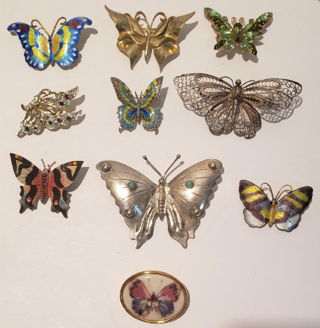10 Butterfly Pins (Sterling, Marcasite, Costume): The largest marked "Sterling / Mexico", 3.25" x 2.5", with 2 turquoise, silver filagree, unmarked, another sterling & enamel, with marcasite, colorful, "Sterling / Silver/ Germany/ Alice Caviness", pl
