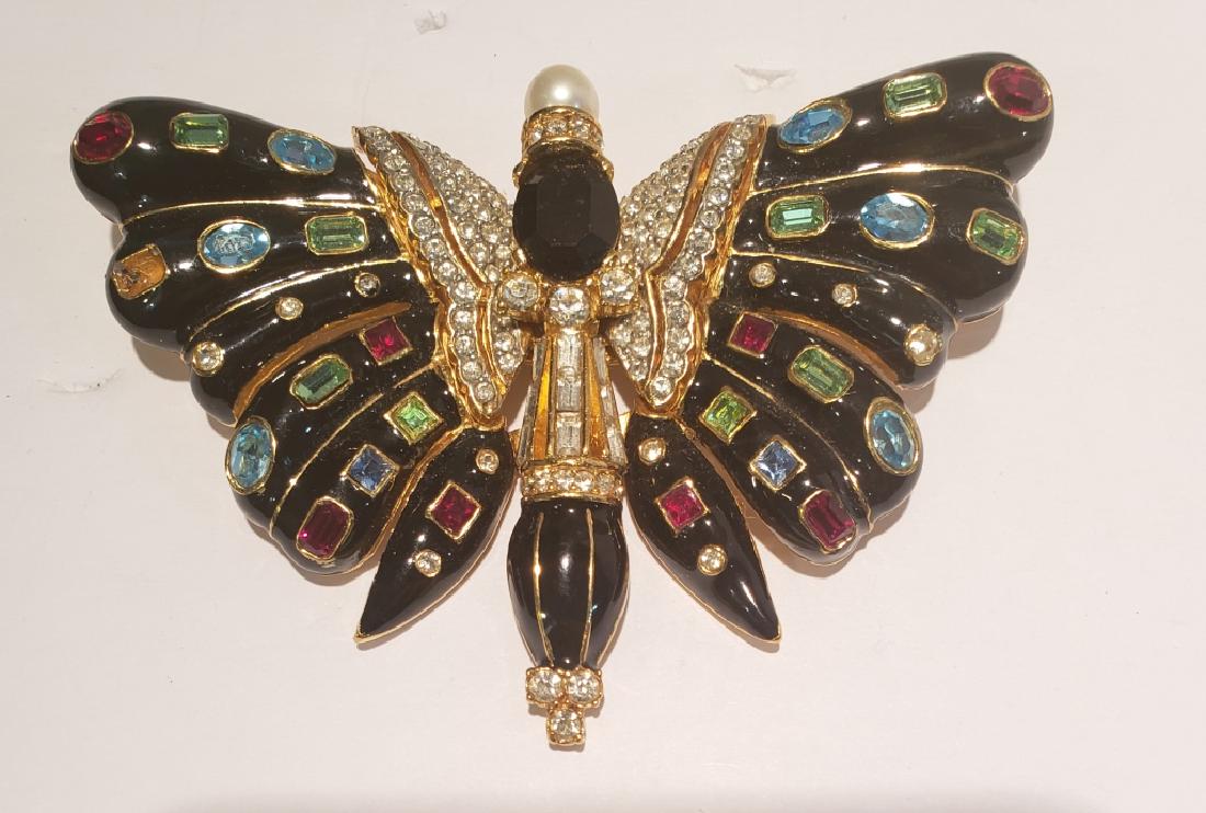 Very Large Ciner Costume Jewelry Butterfly Pin 4": The large butterfly pin 3.75" wide x 2.5" tall, with inlaid colored stones on the black wings. Signed "Ciner" on reverse.