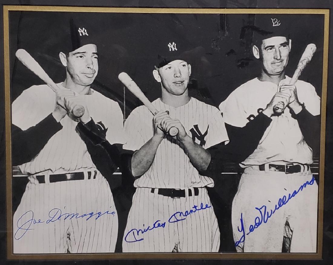 Legends DiMaggio, Mantle and Williams Autographed: New York Yankees Joe DiMaggio and Mickey Mantle standing with rival Boston Red Sox Ted Williams. All together for a friendly photo-opt, each with a bat over their shoulder. 11" X 14" and frame 18 1/2"