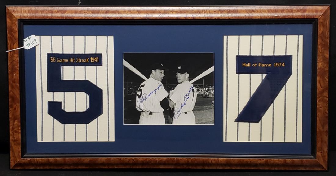 Joe DiMaggio #5 & Mickey Mantle #7 Signed 8" X 10": A beautiful pinstripe display, featuring Joe DiMaggio and Mickey Mantle. A signed black and white 8" X 10", with embroidered jersey numbers. Joe's #5 also reads "56 Game Hit Streak 1941". The Mick's #