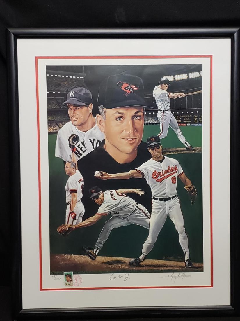 Cal Ripken jr. by Angelo Marino Pencil Signed: A collage by artist Angelo Marino celebrating the career of the great Baltimore Oriole Cal Ripken Jr. Pencil Signed by Ripken and the artist, also numbered 38 / 2130. With a Lou Gerhig stamp post mark
