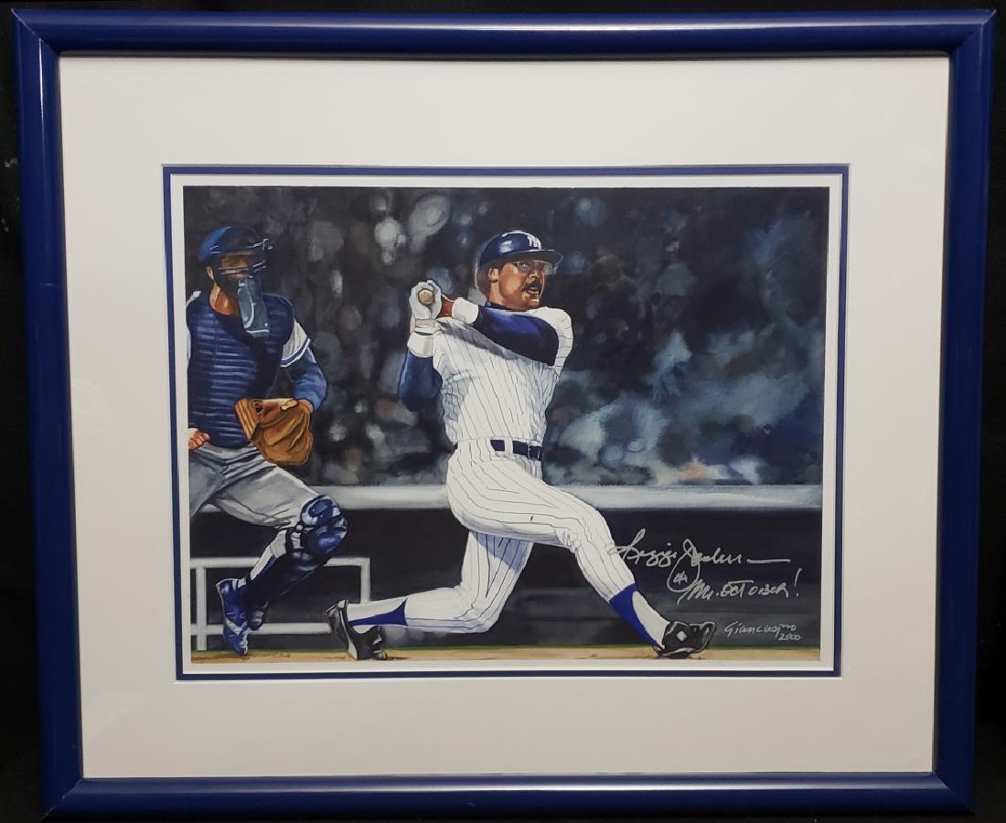 Reggie Jackson #44 Mr October Signed Original Art: John Giancaspro captured the image of Reggie Jackson hitting one of his many October Home Runs, giving him the famous nickname " Mr Ocober". Signed by Reggie and the artist on the lower right. Sight 1