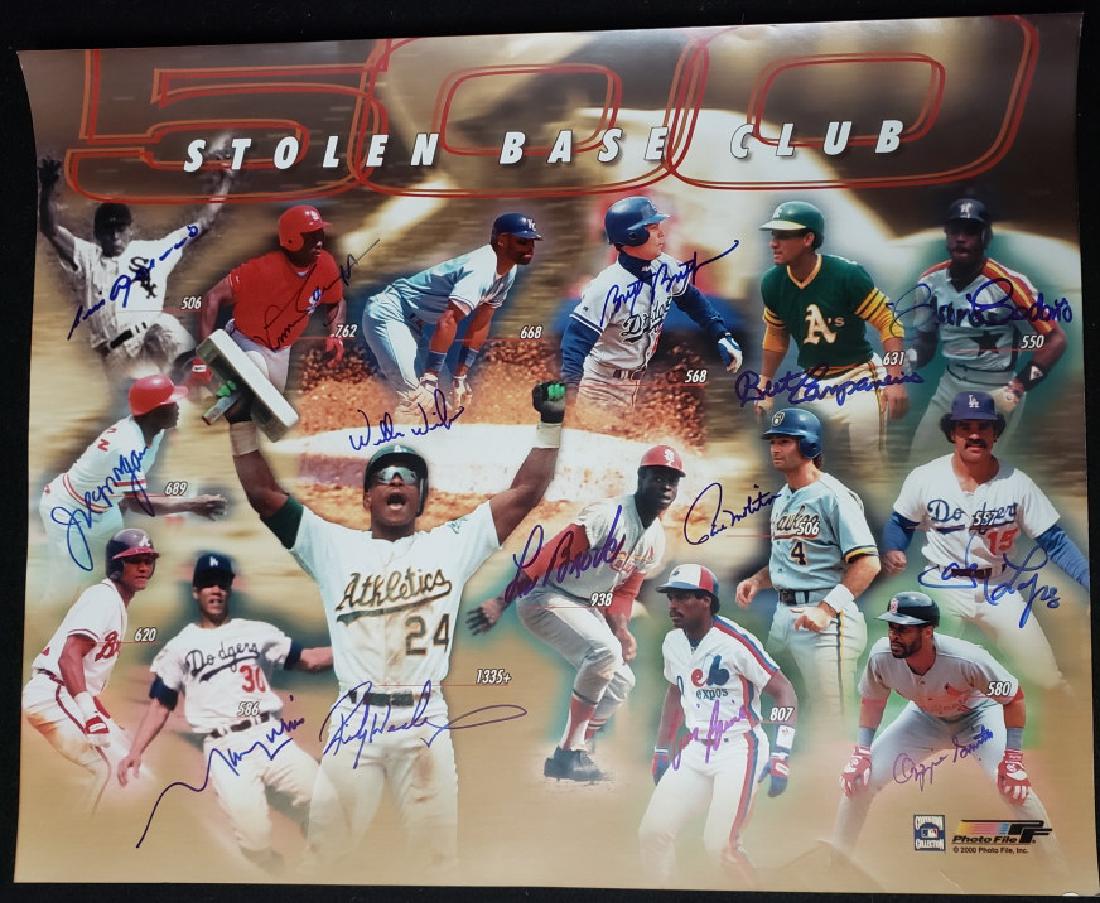 500 Stolen Base Club Multi Signed Print: Stolen Base Club Photo/ Lithograph, circa 2000. 14 Autographed Signatures include: Rickey Henderson, Lou Brock, Paul Molitor, Tim Raines, Vince Coleman, Luis Aparicio, Ozzie Smith, Maury Wills, Joe Mo