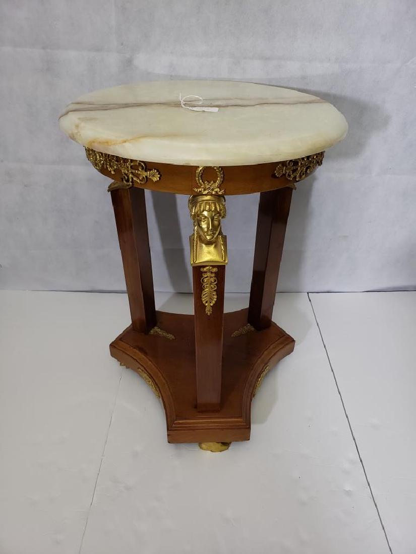 French Empire Style Marble Top Table: Vintage table with with bronze mounts. Onyx or marble top. 24.5" overall height; 18" diameter top. Very fine quality bronze mounts.