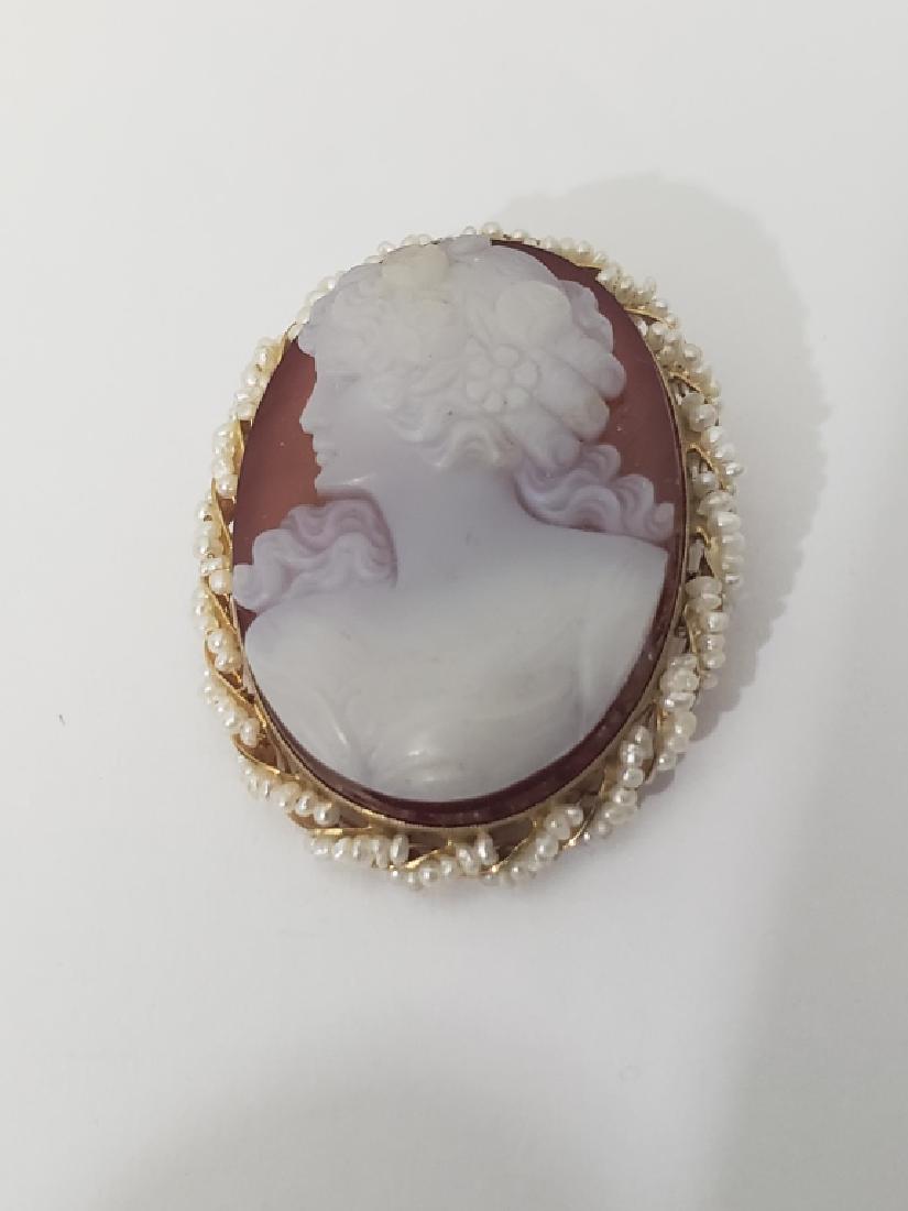 14K Gold & Pearl Framed Red Cameo: Marked "14K", 1 3/8" tall. Lovely cameo on deep orange or red background. Unsure if this is shell or stone.